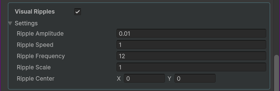 Visual Ripples section showing amplitude, speed, frequency, scale and center