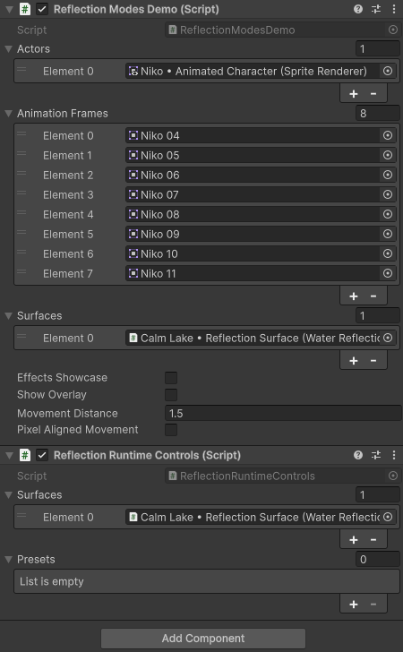 Sample Controls Inspector with actor renderers, animation frames, movement and surface references