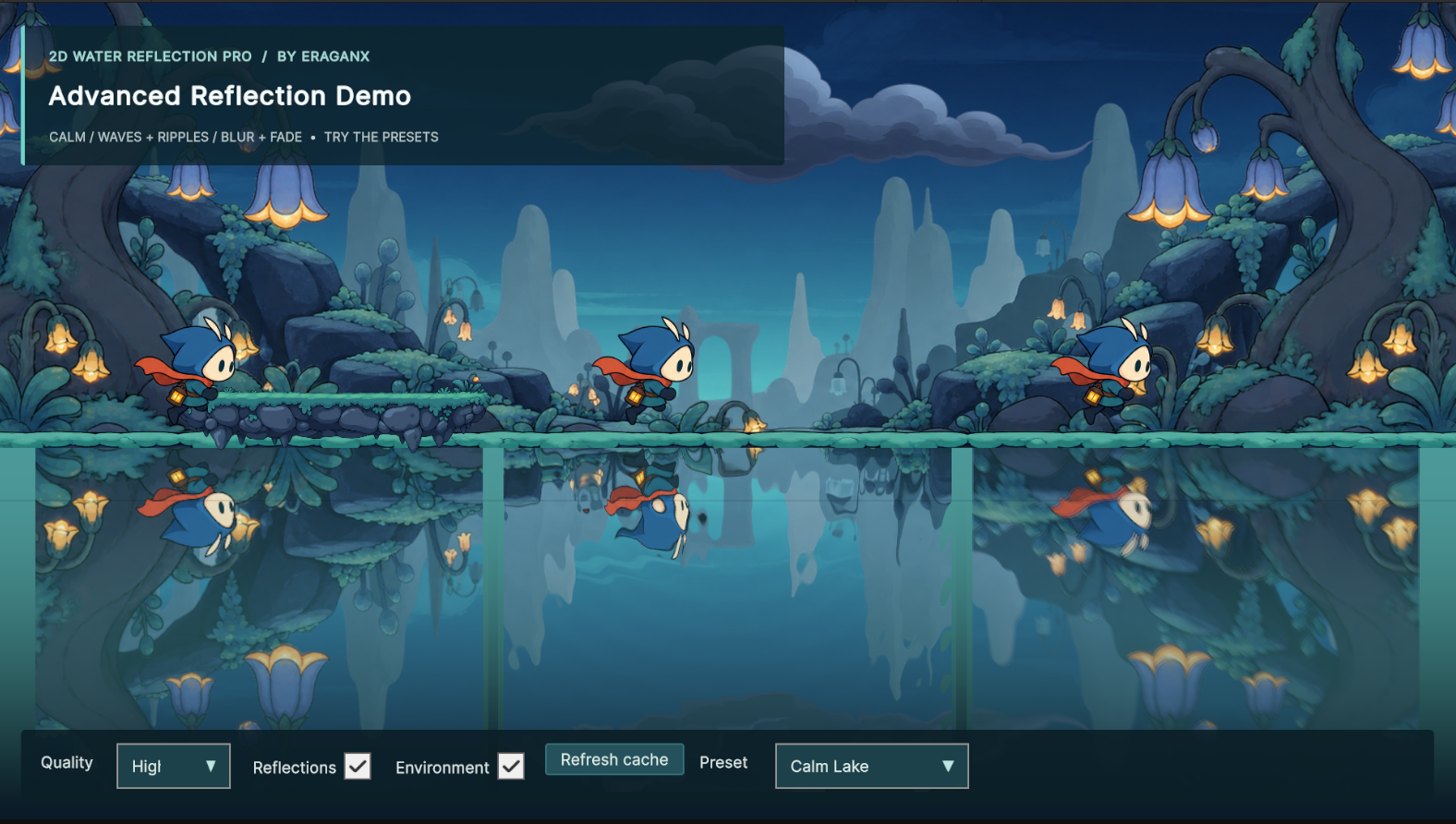 Actual Advanced Reflection Demo Game view with three independently styled reflection surfaces