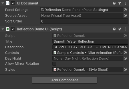 UI Document and Reflection Demo UI Inspector with code-built UI and assigned controls/styles