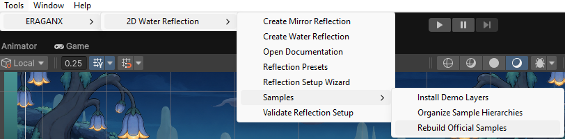 Unity Tools menu showing 2D Water Reflection creation, presets, setup and sample commands