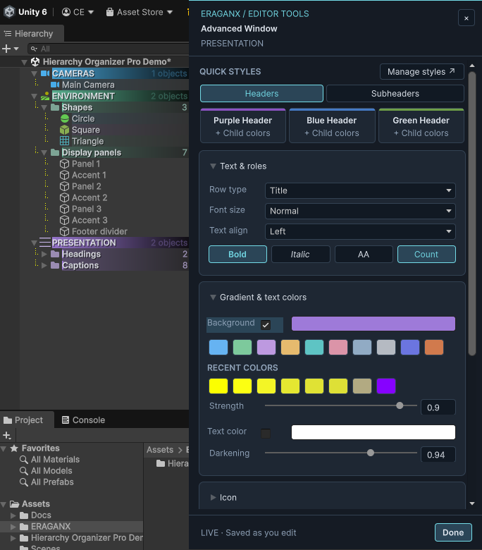 Advanced Window in context with saved style cards and expanded text/color controls