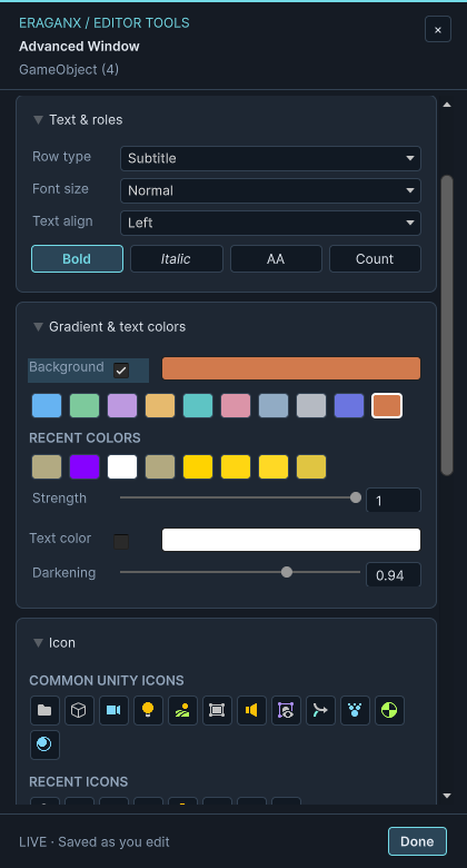 Advanced text roles, font choices, alignment, gradient and icon controls