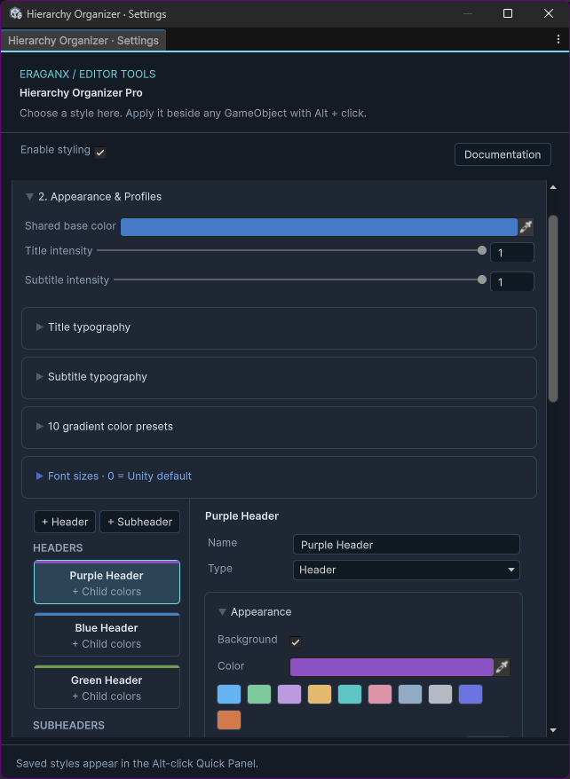Appearance and Profiles settings with role intensities, typography, ten gradient presets and font sizes