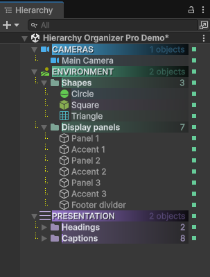 Supplied styled Hierarchy showing Title groups, Subtitles, icons, object counts and optional activation indicators