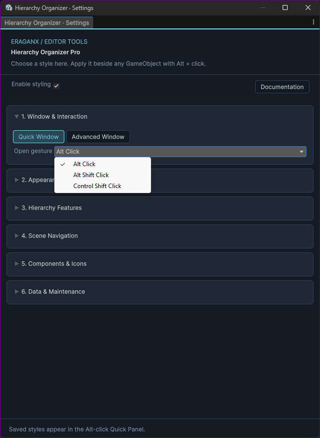 Window and Interaction settings with Quick/Advanced selection and gesture alternatives