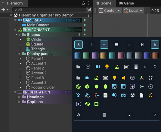 Quick Window beside a selected hierarchy group with gradient choices and icon palette