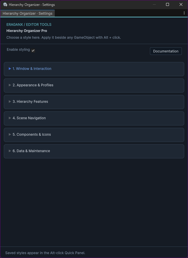 Main Settings controller with six expandable feature sections