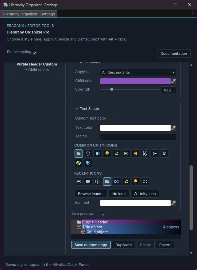Reusable-style draft editor with child-color recipe, text/icon choices, live preview and save actions
