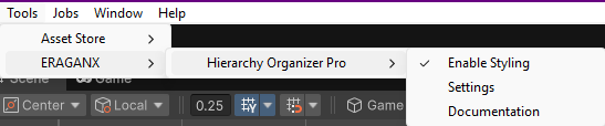 Tools menu with Enable Styling, Settings and Documentation entries