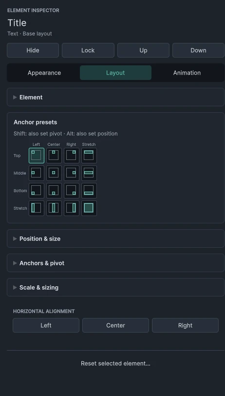 Layout inspector showing anchors, size, pivot and alignment controls