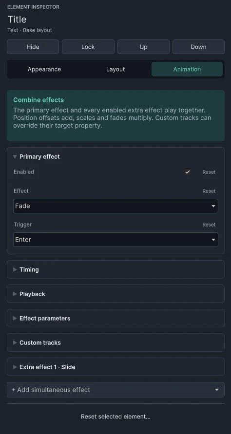 Title layer animation using a primary Fade and an additional Slide
