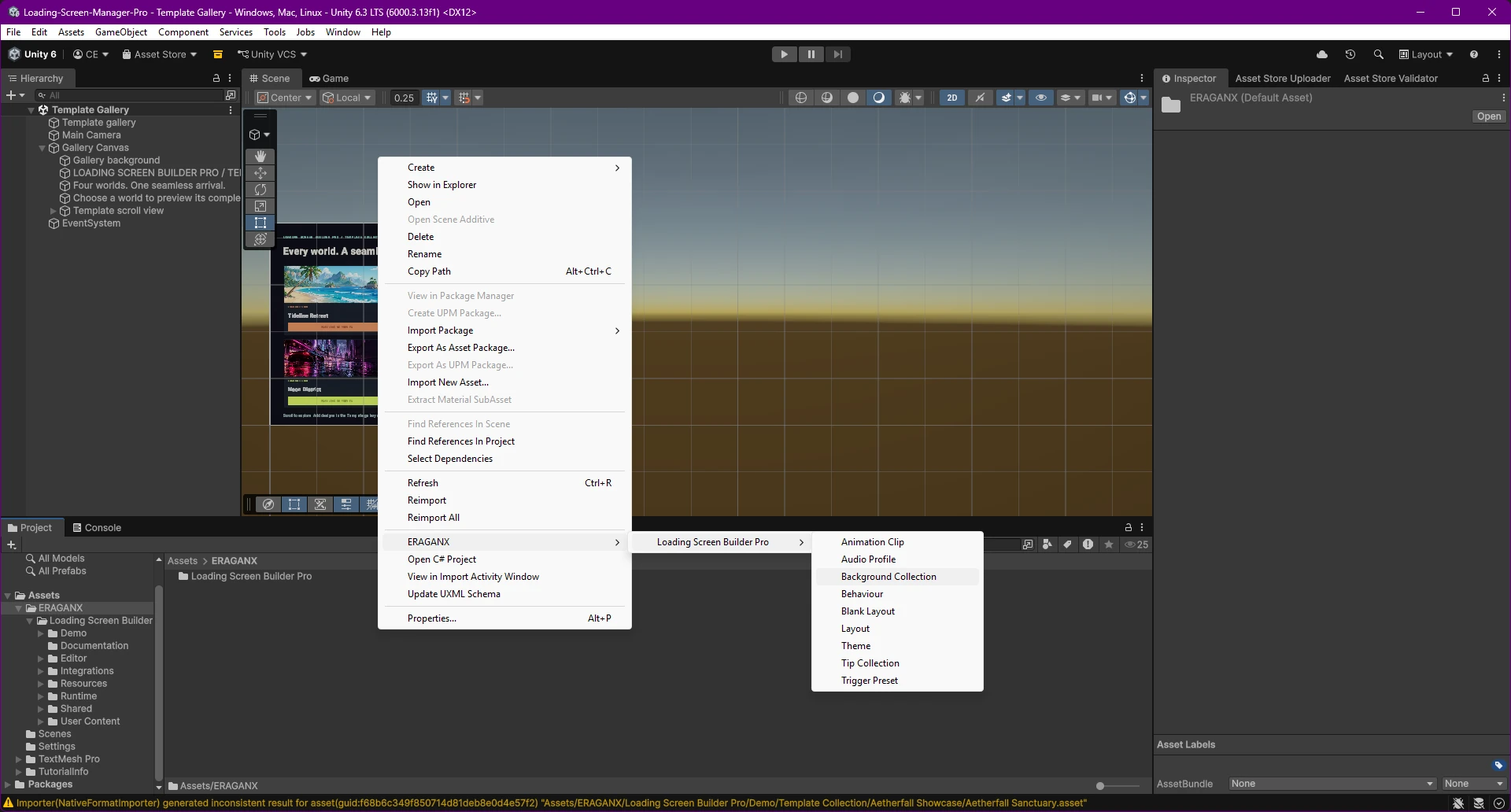 Project context menu showing reusable Loading Screen Builder Pro asset types