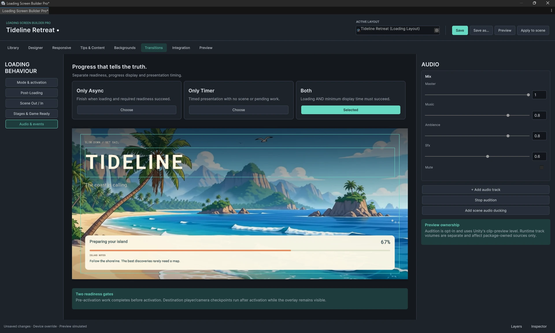 Audio and events controls for design levels, tracks, audition and scene ducking