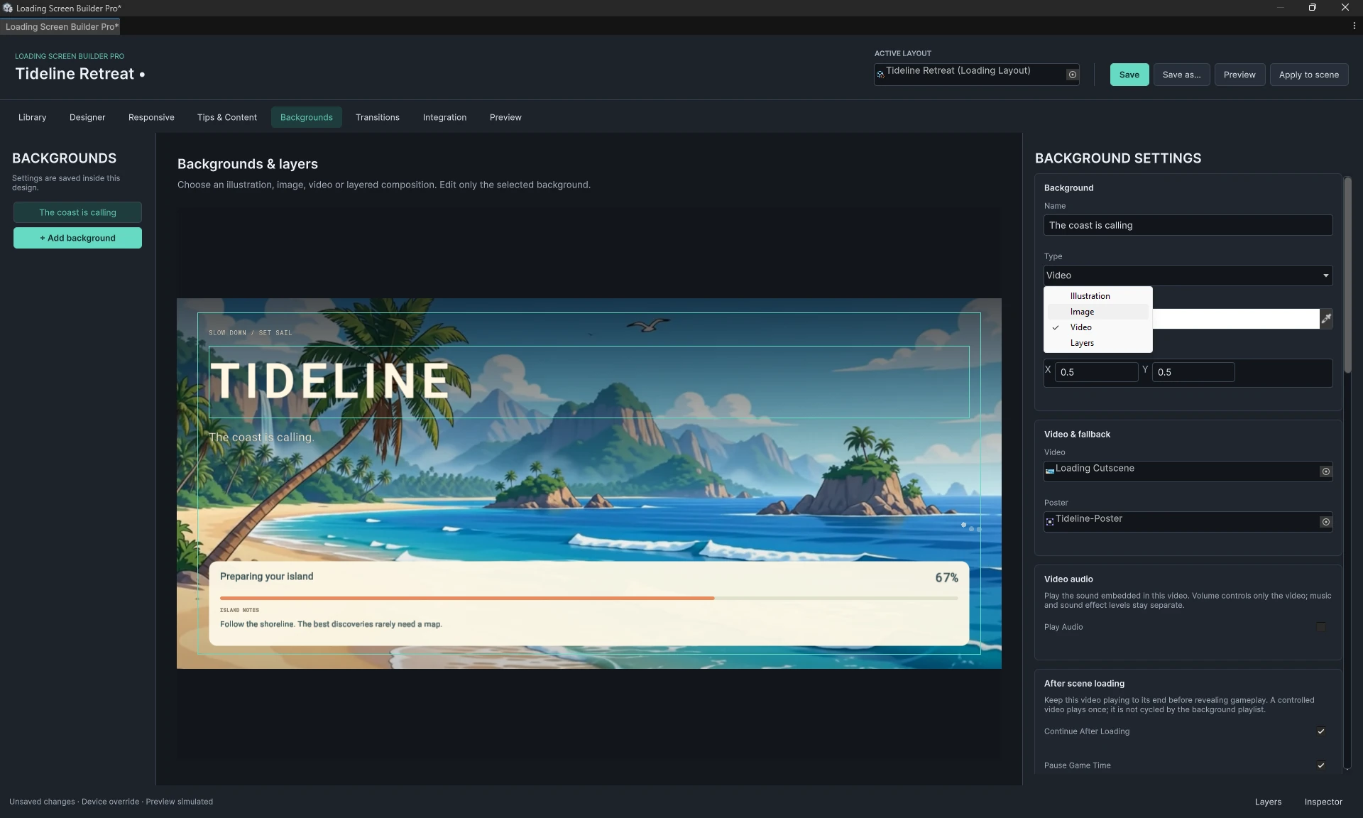 Backgrounds workspace with a Video entry and its media settings