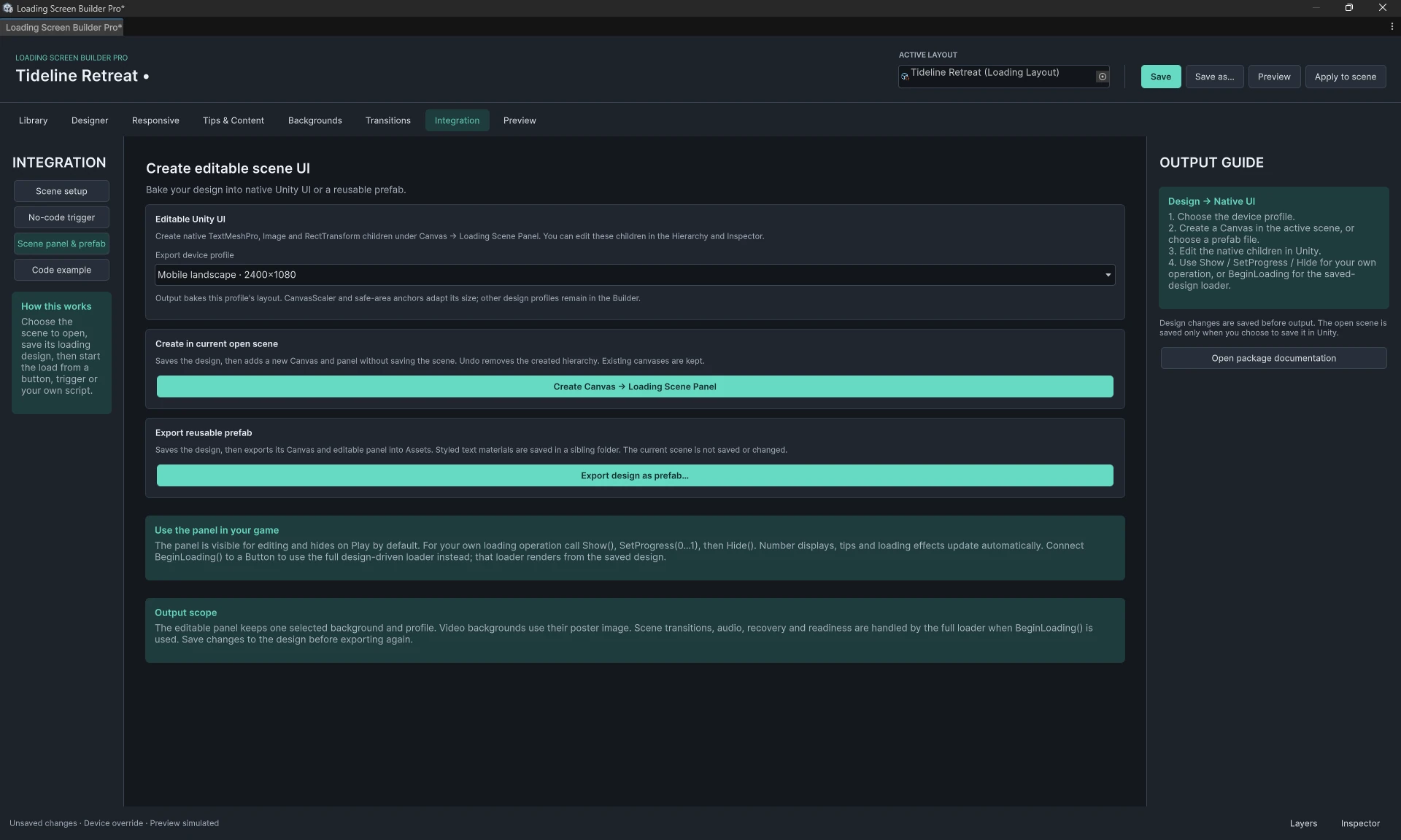 Scene panel and prefab export controls with a device profile selected