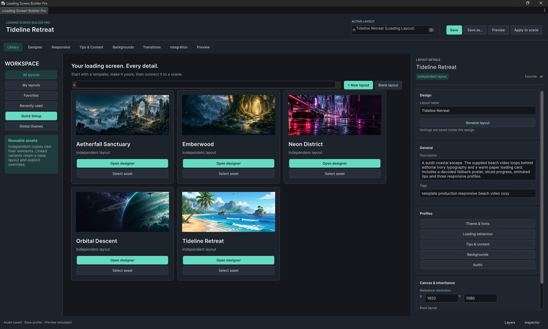 The Builder Library with loading layout cards and the selected design inspector