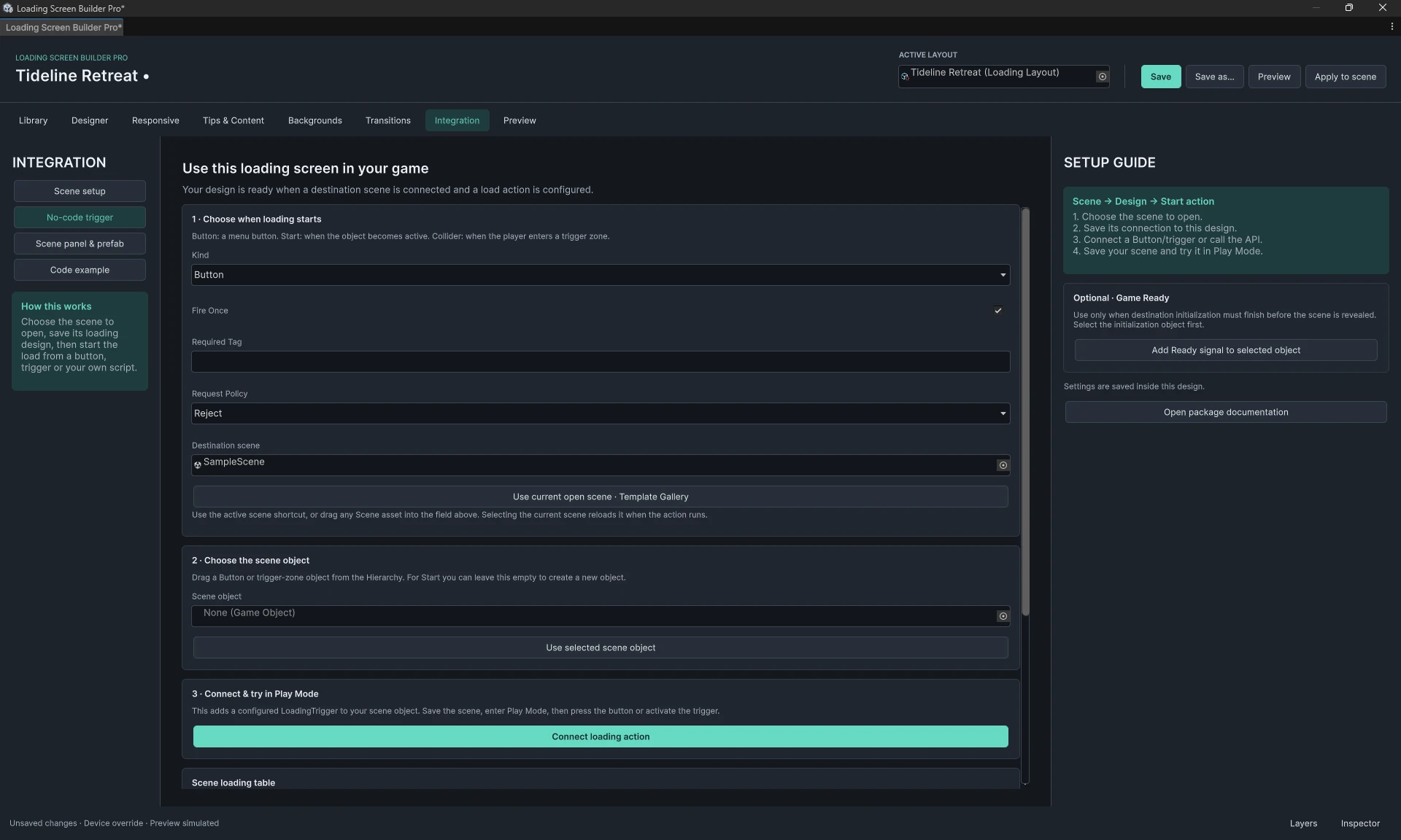 No-code Button trigger setup with the scene object still unassigned