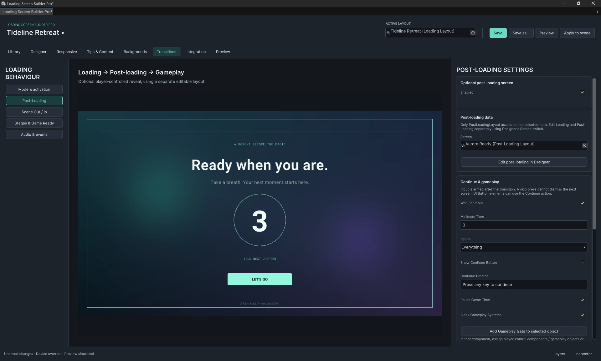 Transitions Post-Loading settings for the ready screen and gameplay hold
