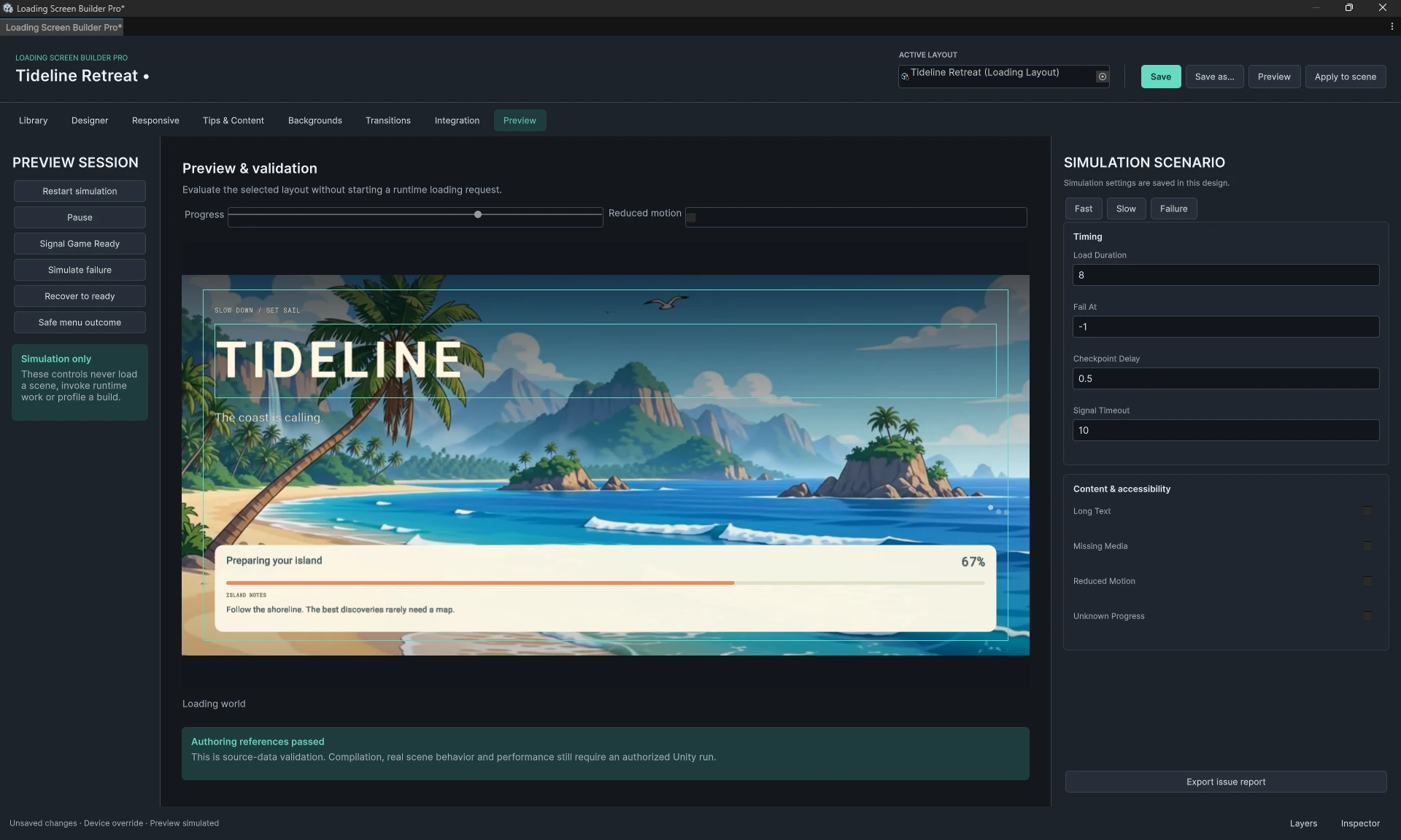 Preview workspace with simulated loading progress and scenario controls