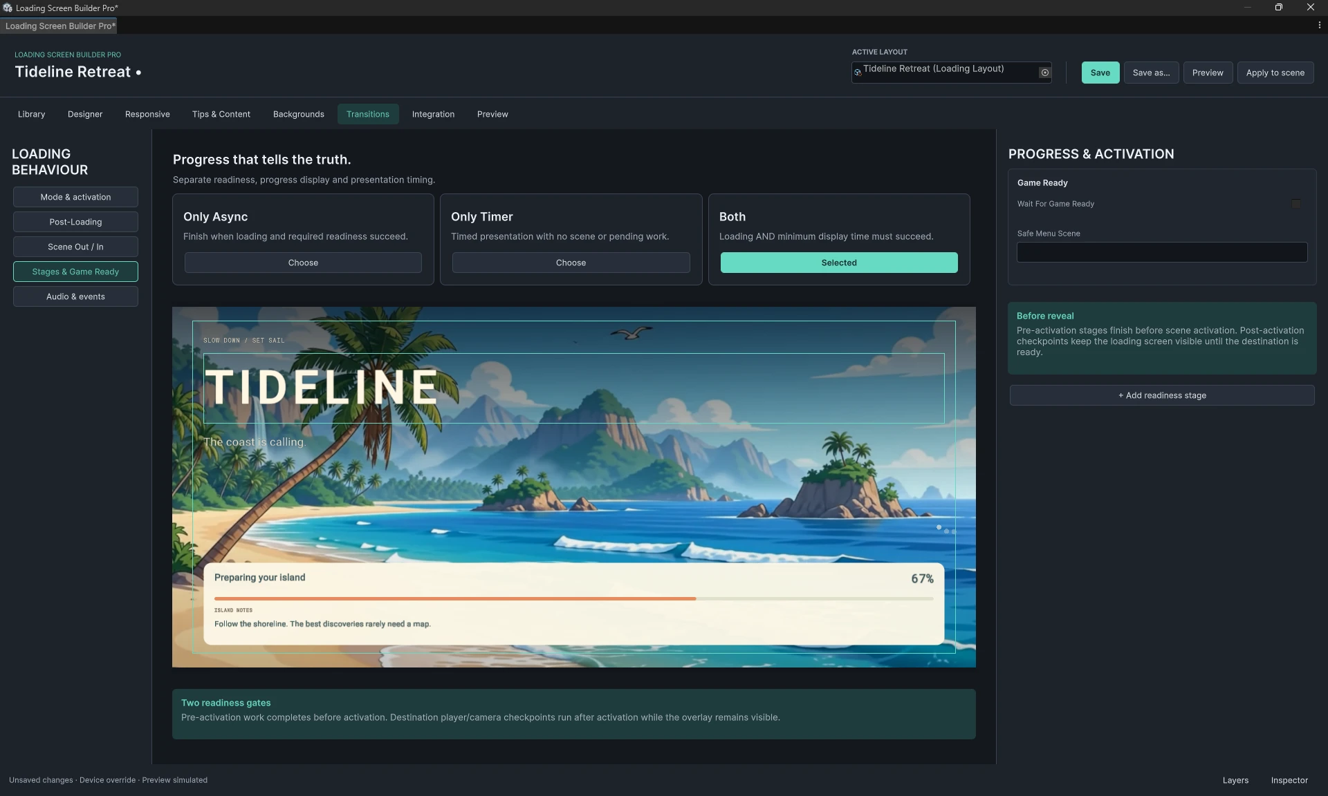 Readiness inspector with Wait For Game Ready off and no custom stages