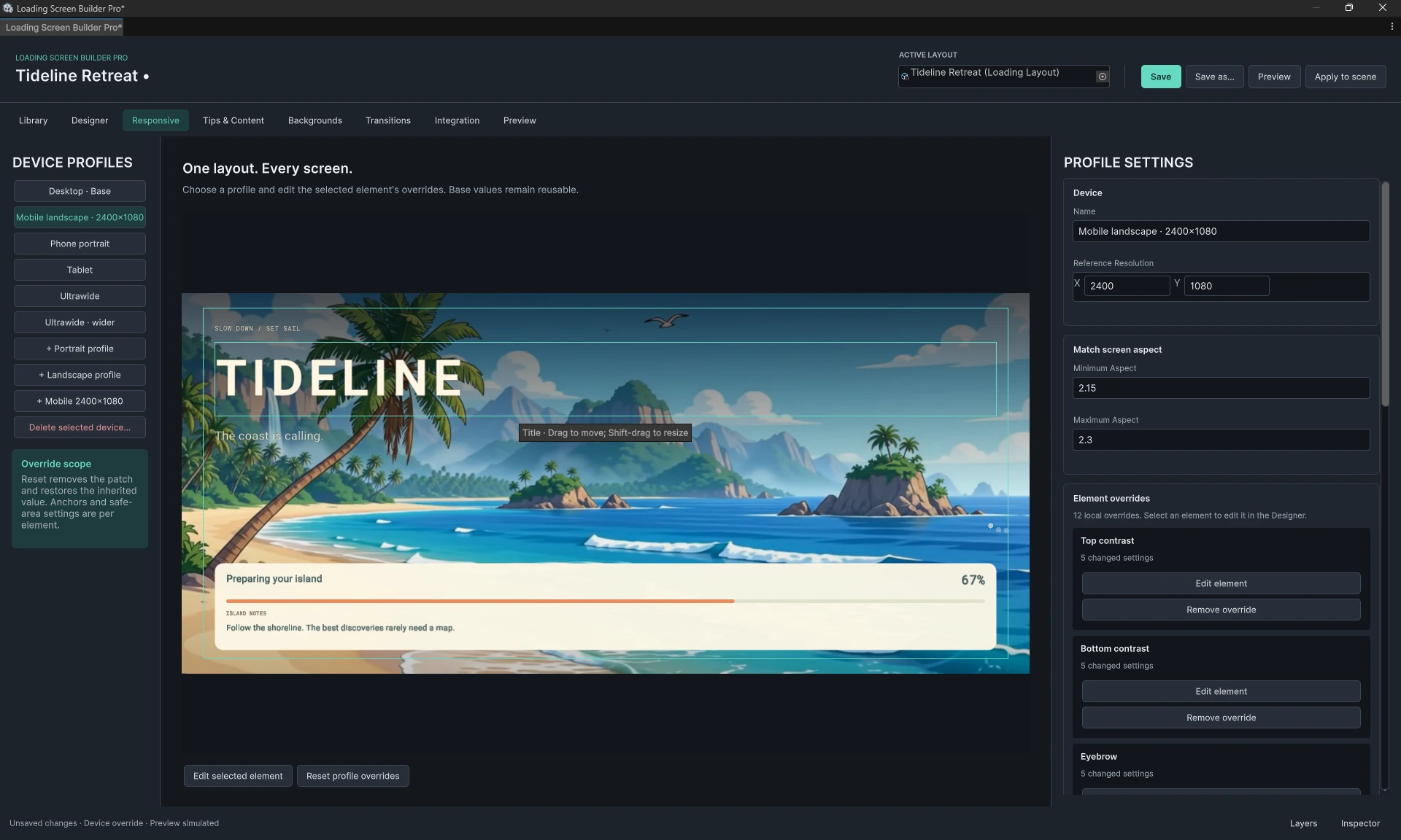 Responsive workspace with the Mobile landscape 2400 by 1080 profile selected