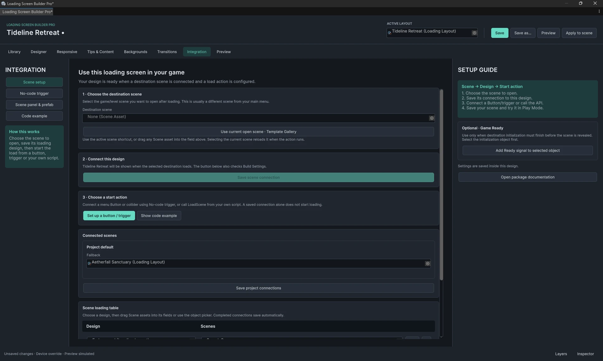 Scene setup workspace with destination, saved connections and project default