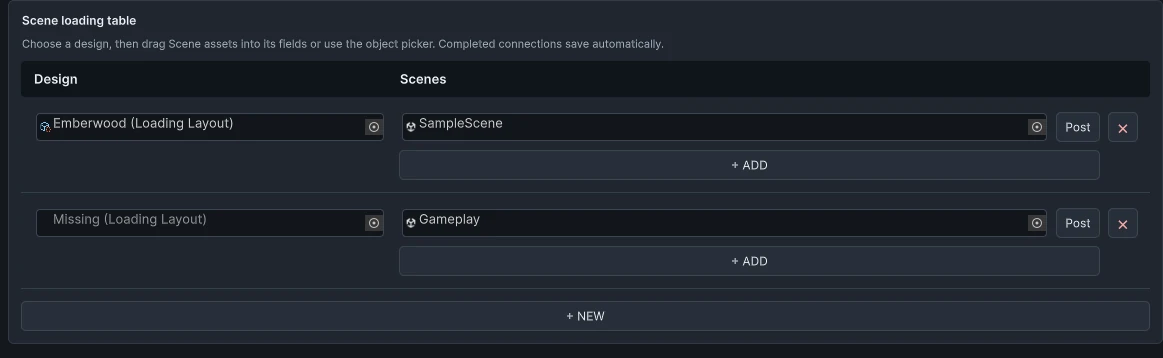 Scene loading table with multiple destinations and a Missing layout row