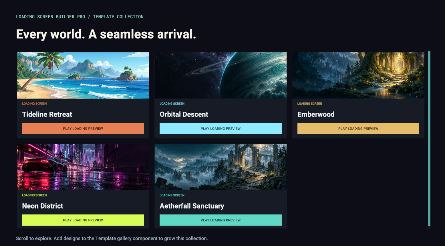 The Template Gallery scene with playable loading design previews