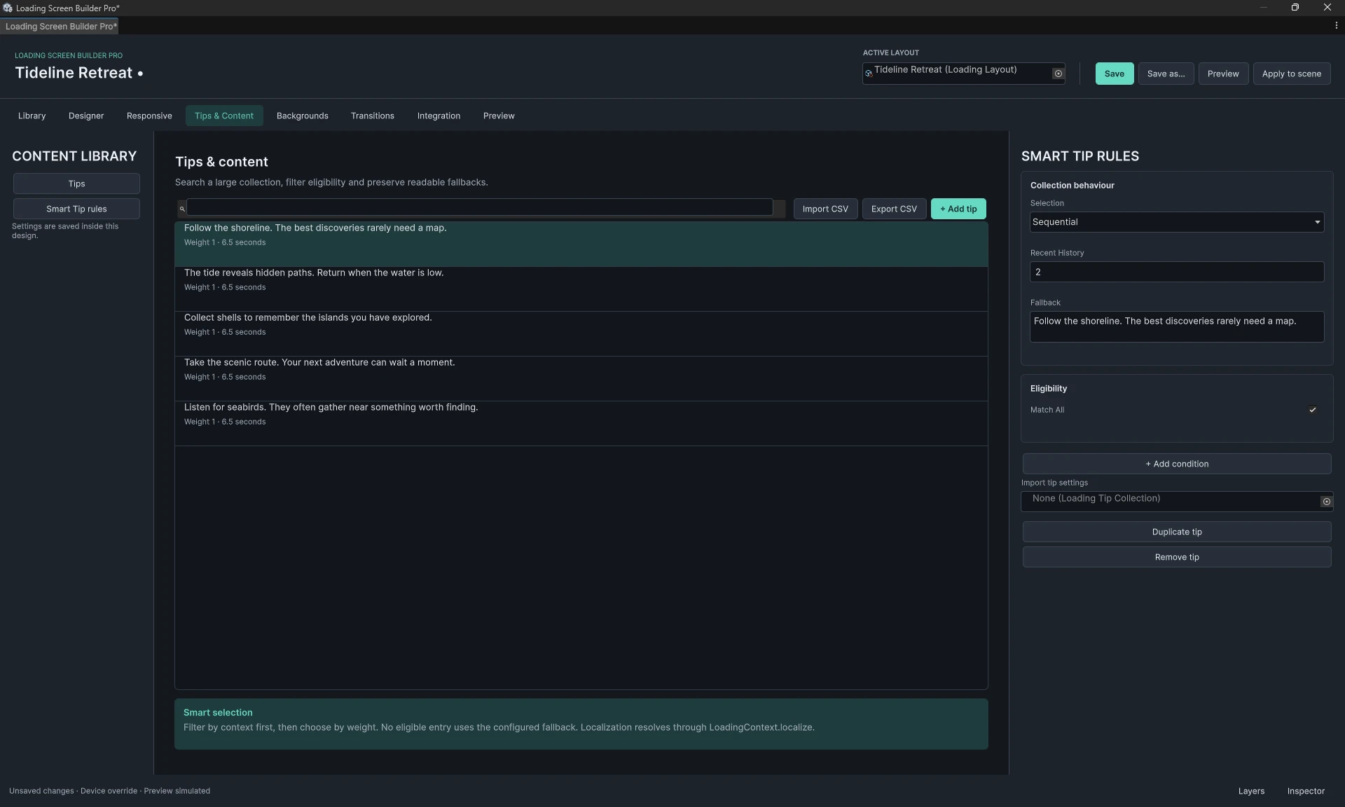 Smart Tip rule inspector with Match All enabled and an empty condition list
