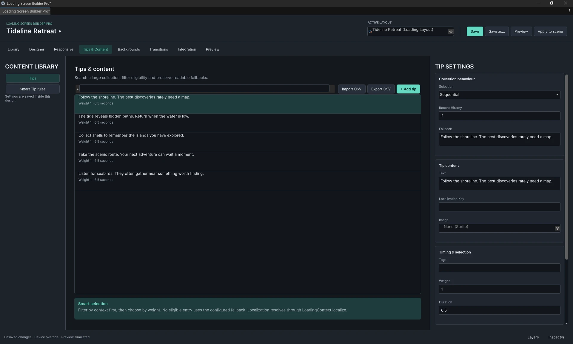 Tips and Content workspace with entry selection and the tip inspector