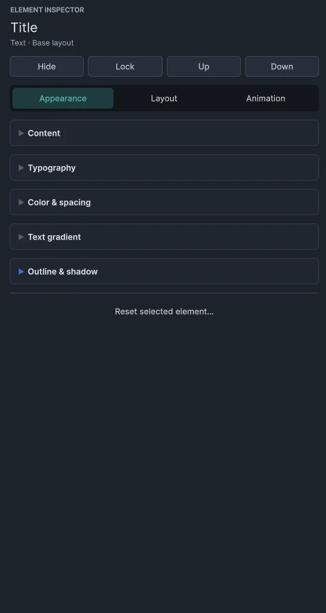 Appearance groups for typography, color, gradient, outline and shadow