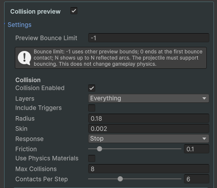 Trajectory Inspector collision-preview settings and response controls