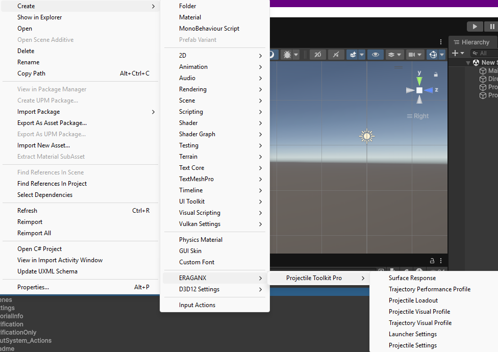 Create menu showing Projectile Toolkit Pro settings and profile assets
