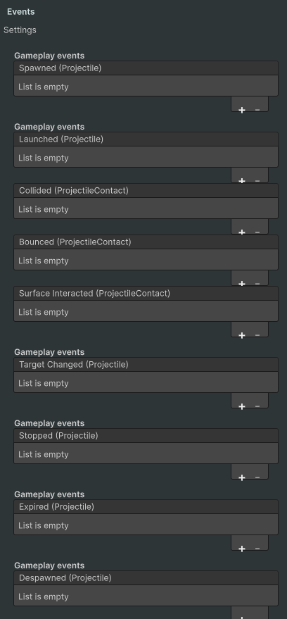 Gameplay events available on a projectile controller