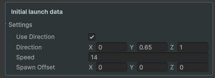 Initial launch direction, speed and spawn offset fields