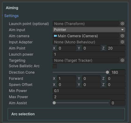 Launcher aiming settings for mouse, touch, camera and target selection