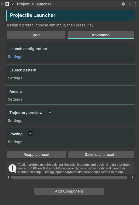 Projectile Launcher advanced Inspector with launch configuration, aiming, preview and pooling controls