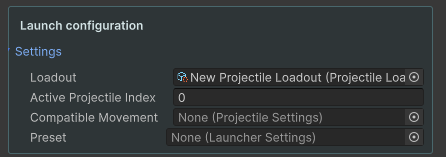 Launcher launch configuration with a loadout and active projectile index