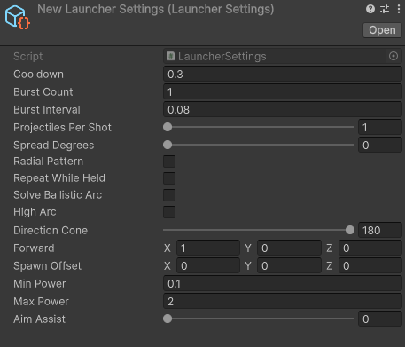 Launcher settings asset with launch speed, cooldown and input values