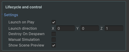 Lifecycle and control settings including Launch on Play and manual simulation