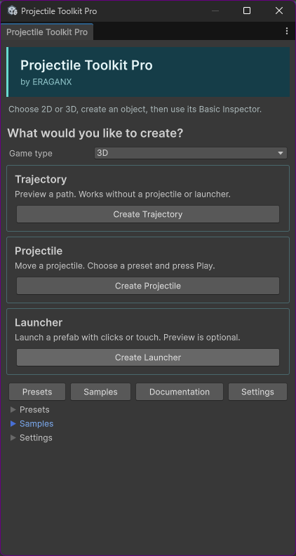 Projectile Toolkit Pro Manager showing separate actions for creating a trajectory, projectile or launcher