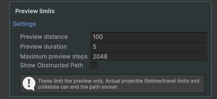 Preview distance, duration, step budget and bounce limit settings