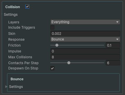 Projectile collision response settings and optional bounce controls