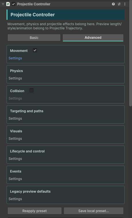 Projectile Controller groups for movement, physics, collision, targeting, visuals and lifecycle