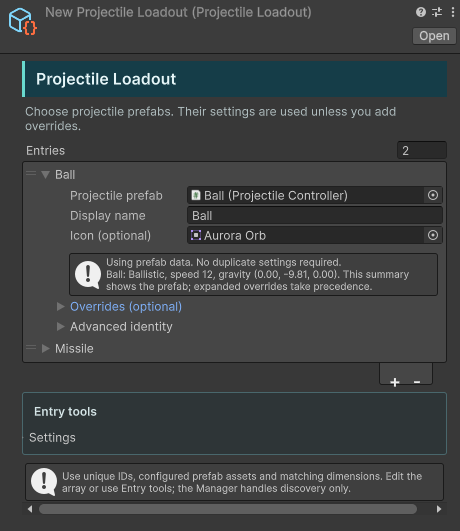 Projectile Loadout asset with Ball and Missile entries and optional overrides