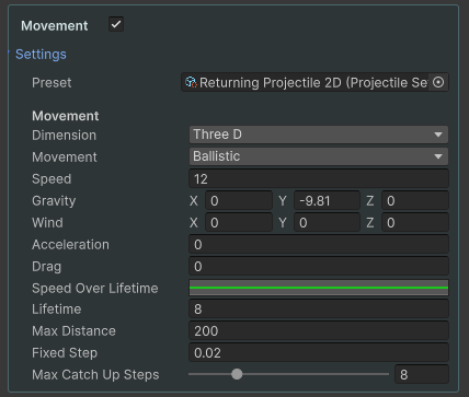 Movement settings for a returning 3D projectile