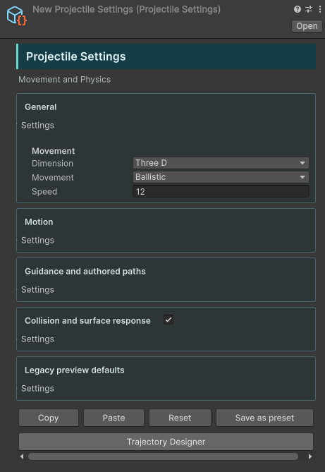 Projectile Settings asset with movement, motion, guidance and collision sections