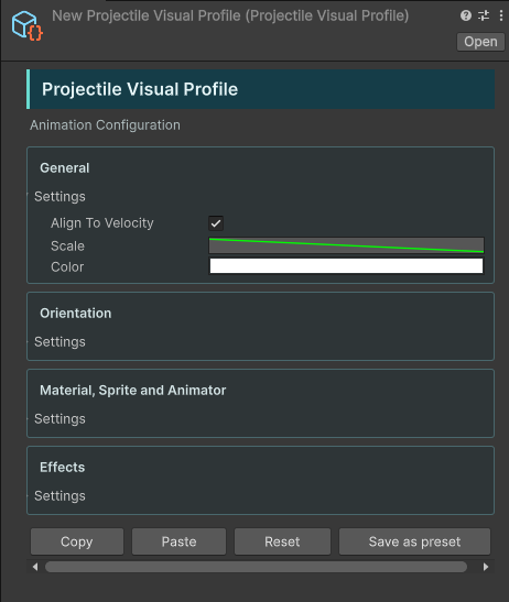 Projectile Visual Profile with velocity alignment, scale and color curves
