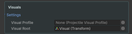 Projectile Controller Visuals group with profile and visual-root fields